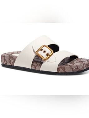 Coach Addison Double Strap Leather Slip On Buckle Sandals- Chalk, Women's 6.5